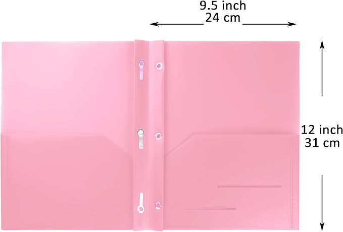 Youngever 6 Pack Heavy Duty Plastic Two Pocket Folders with 3 Prongs, Metal Prongs Fastener, Heavy Duty Plastic 2 Pocket Folder (Pink)