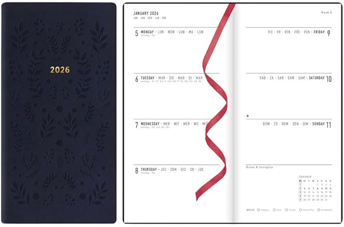 Letts of London® 2026 Woodland Weekly/Monthly Planner, 12 Months, January to December, Slim Pocket Size, 6.625" x 3.25", Sewn Binding, Embossed Cover, Multilingual, Navy (C082546-26)