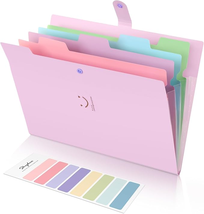SKYDUE Expanding File Folder with 5 Pockets, Cute Accordion File Organizer, Letter Size Filing Folder, Portable Paper Receipt Organizer, School Office Supplies Purple