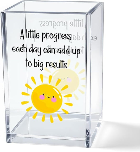 A Little Progress Each Day Can Add Up To Big Results Acrylic Cosmetic Pencil Pen Holder Cup, Inspirational Sun Desk Organizer for Classroom Office, Motivational Gifts for Women Girl Therapist