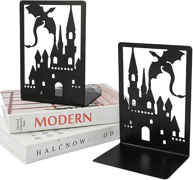 Book Ends, Bookends, Book Ends for Shelves, 1 Pair Non Skid Metal Book Divider Decorative Holder, Abstract Art Desgin Book Stopper Supports for Office, Home (Dragon C)