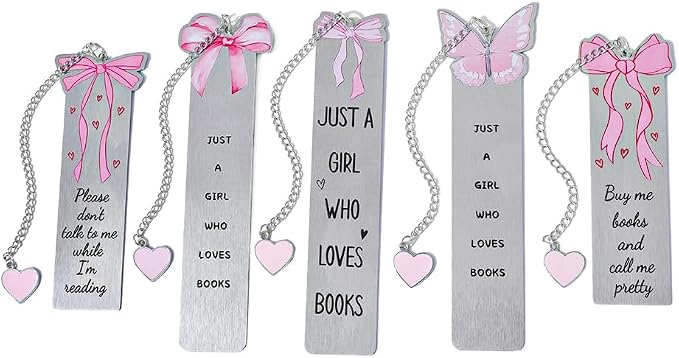Pink Bowknot Stainless Steel Bookmark - 5pcs Set with Cute Patterns & Heart Pendants, Ideal for Female Readers