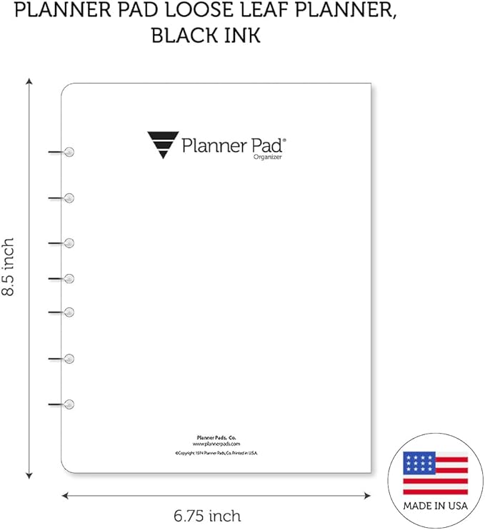 Planner Pad 7 Hole Loose Leaf 3-Tier Funnel Down 12 Month Medium Size Organizer, July 2026 – June 2027 / Academic Year Black Ink, 6 3/4" x 8 1/2"