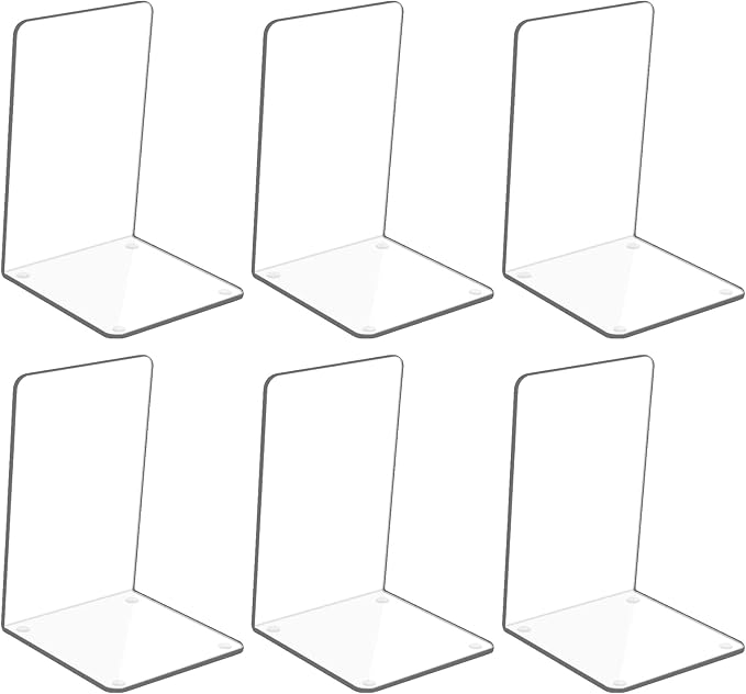 Adwikoso Clear Acrylic Book Ends, 6 Pcs Bookends for Shelves, Non-Slip Book Holder Stand, Decorative Book Stoppers for Heavy Duty Books Office Desktop Organizer