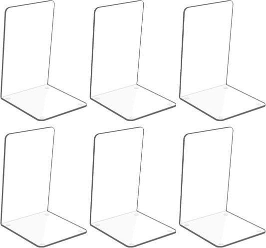Adwikoso Clear Acrylic Book Ends, 6 Pcs Bookends for Shelves, Non-Slip Book Holder Stand, Decorative Book Stoppers for Heavy Duty Books Office Desktop Organizer