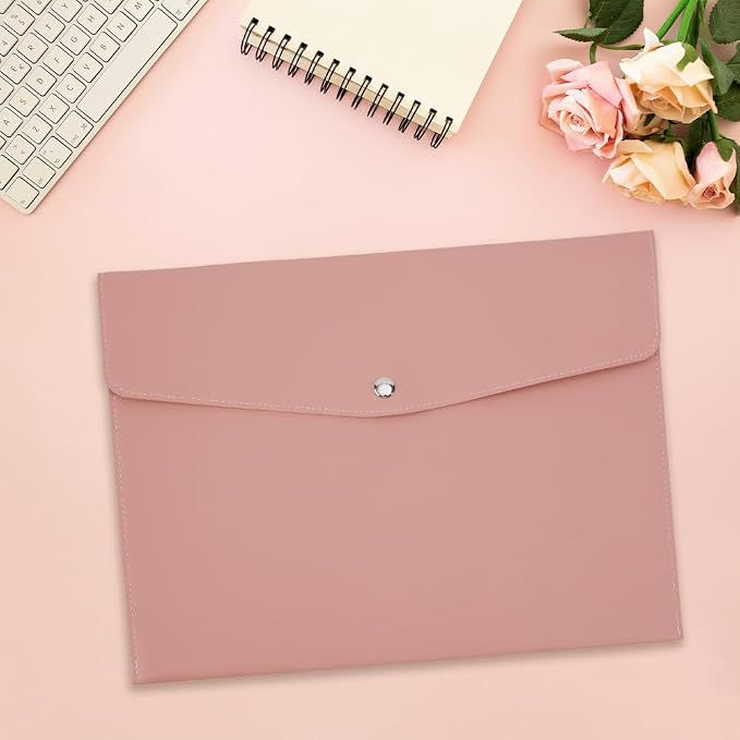CRASPIRE PU Leather File Folder A4 Size Document Folder Travel Envelope Portfolio Case Bag File Sleeve Storage Organizer with Alloy Button Closure for Tablet Home School Office Stationery Light Salmon
