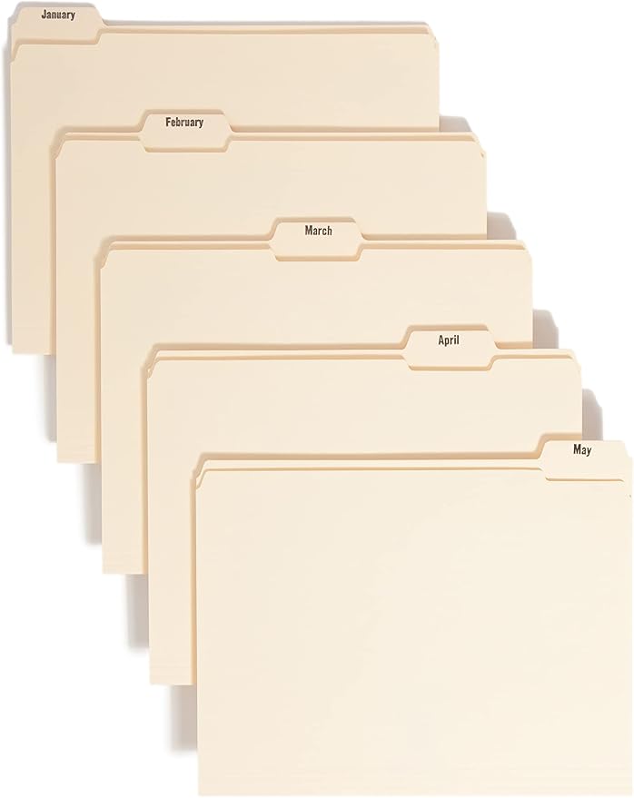 Smead Indexed File Folders, Monthly (Jan-Dec), 1/5-Cut Tab, Assorted Positions, Letter Size, Manila, 1 Set of 12 (11765)