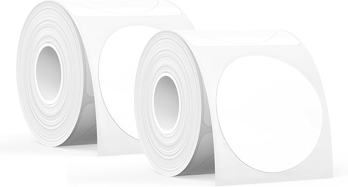 SUPVAN T50M Series Label Maker Tape, 2 Rolls Round Size Φ 2'' 140 Labels/Roll Genuine Laminated Thermal Label Tape Refill, Waterproof Oilproof Highly Adhesive Auto Detect Labels, Black on White