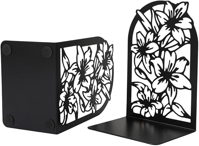 Book Ends, Bookends, Book Ends for Shelves, 2Pair Non Skid Metal Book Divider Decorative Holder, Abstract Art Desgin Book Stopper Supports for Office, Home (Floral)