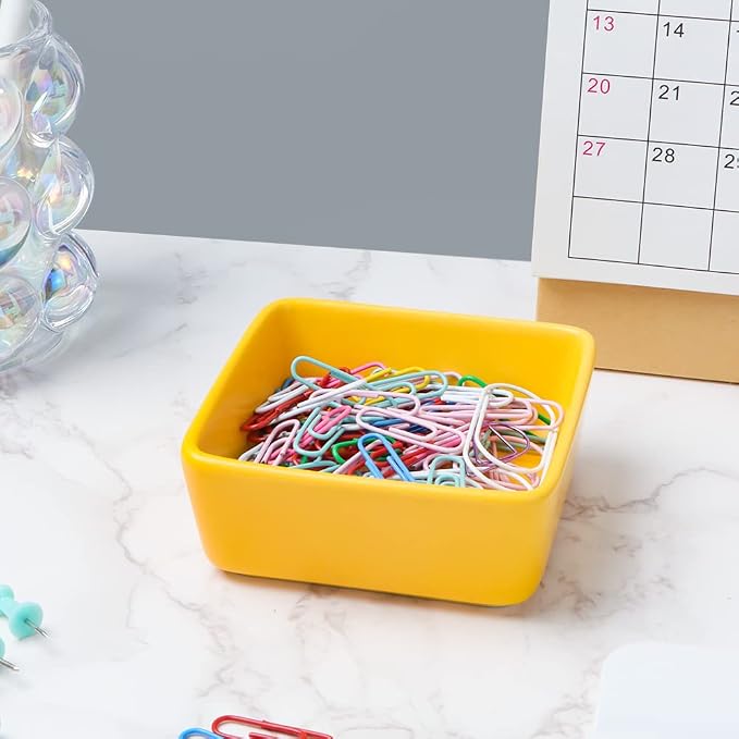 AxeWoodz Yellow Paper Clips Holder 2pcs Ceramic Square and Round Paper Clip Dispenser Set Office School Home Paperclips Organizers for Daily Desktop Storage