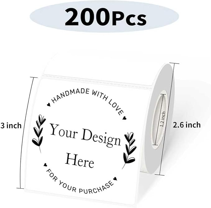 Square Thermal Labels Printer Stickers- 3" x 3", White Self-Adhesive Square Direct Thermal Labels Stickers, Waterproof/Perforation Line Design- 200 Sheets