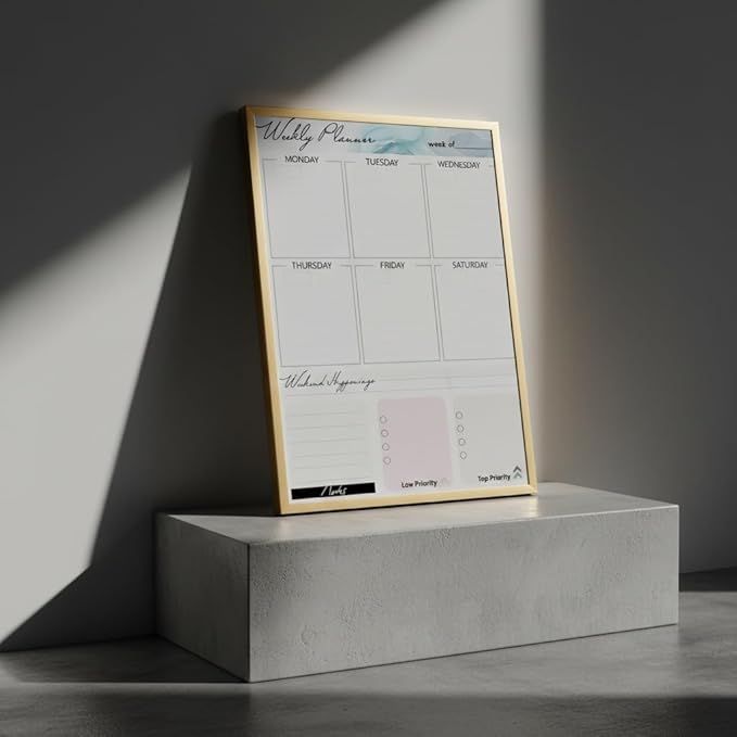Small Whiteboard 12 x 16 Inch Magnetic Dry Erase Board with Stand & Wall Mount | Gold Aluminum Frame | Planner Board with Weekly & Monthly Sheets | 3 Markers, Eraser & 2 Magnets