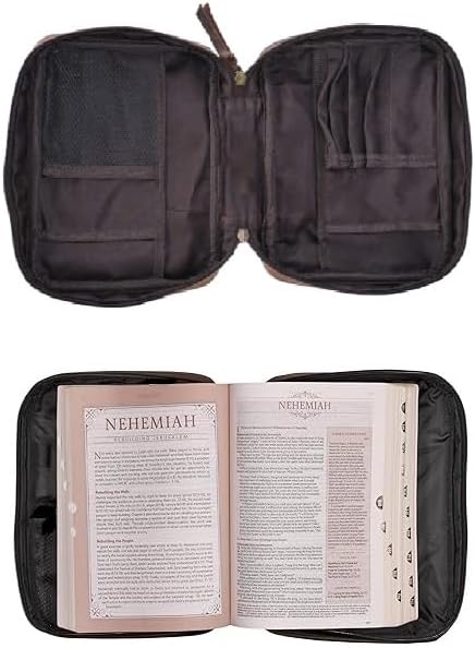 Genuine Leather Bible Case for Men & Women 11 x 8 inch, Bible Cover with Handle & Zip Clousre, Pen Holder, Multiple Storage Compartments Bible Carrying Bag (Brown)