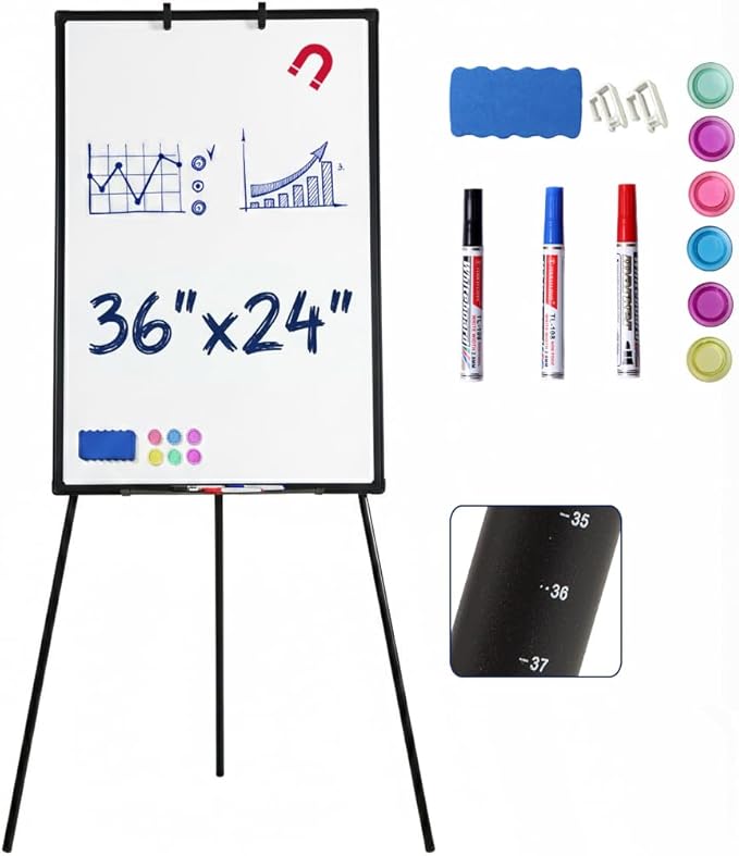 FORTUNO 36x24 Tripod Whiteboard, Magnetic Dry Erase Board with Stand,Height Adjustable Portable Sturdy White Board for Homeschool Office Classroom, Black