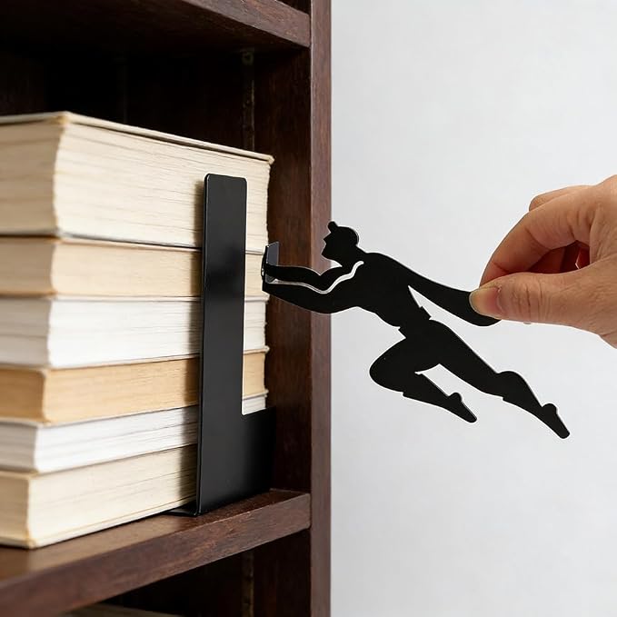 Superhero Decorative Bookends for Shelves, Metal Book Ends for Heavy Books, Non Slip Book Stoppers with Flying Hero Design, Decorative Shelf Book Holders for Home Office Kids Room Library Decor(Black)