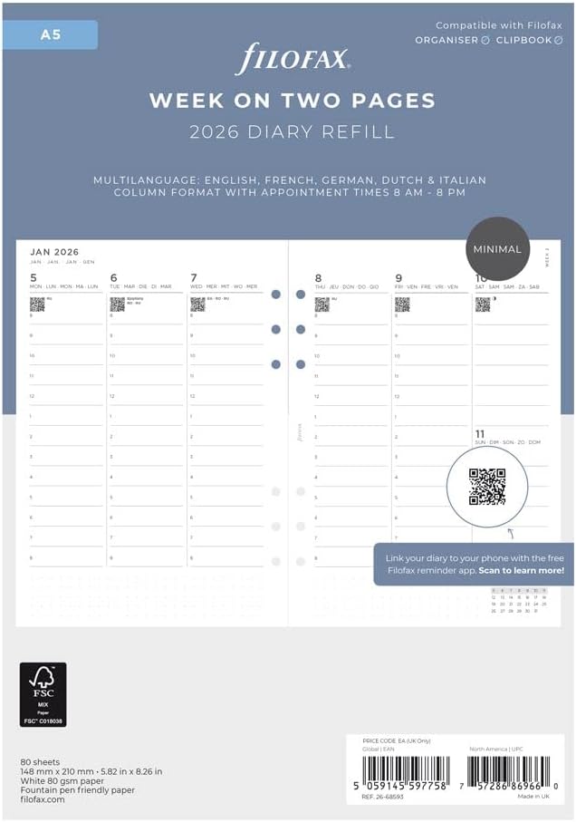 Filofax Calendar Diary Refill, A5 Size, Week-to-View with Appointments, Minimal Diary Pack, Vertical, White Paper, Multilingual: Five Languages, 2026 (C68593-26)