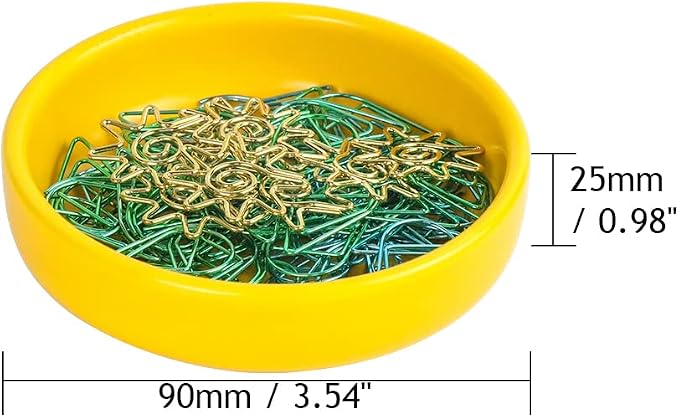 MEI YI TIAN Small Ceramic Paperclip Holder for Desk, Round Paper Clip Holder Push Pin Organizer Macaron Yellow Paper Clip Dispenser Desktop Organizer Cute Storage Plate Desk Accessories