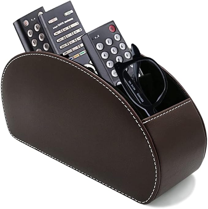 Remote Control Holder Organizer with Metal Bottom Stable Table Desk Leather Control Storage TV Remote Control Organizer with 5 Spacious Compartments (Brown with Metal Bottom)