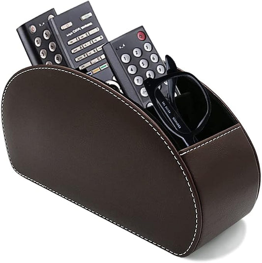 Remote Control Holder Organizer with Metal Bottom Stable Table Desk Leather Control Storage TV Remote Control Organizer with 5 Spacious Compartments (Brown with Metal Bottom)