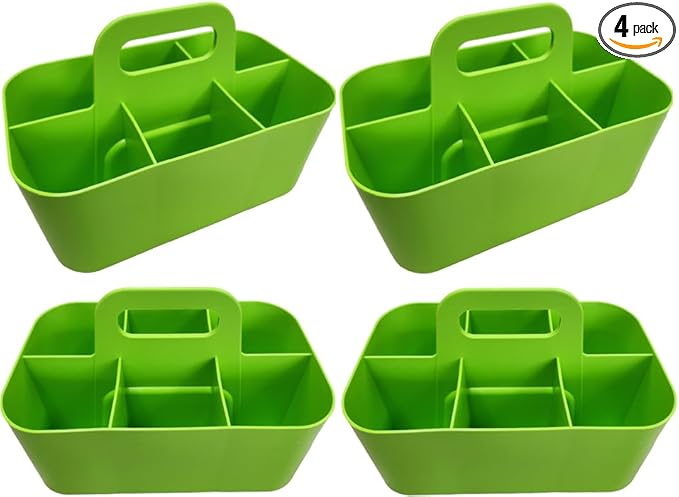 Small Stackable Plastic Caddy with Handle 6 Compartment | Desk, Makeup, Dorm Caddy, Classroom Art Organizers - 4 Pack, Made In USA (Green)