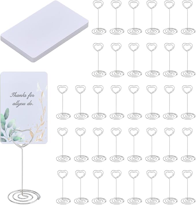 SUPERFINDINGS 36 Set Mini Chalkboard Signs 8.6x5.5cm Small Chalkboard Label with Alloy Stand Table Number Holders Silver Heart Place Card Holders Menu Memo Clip for Bridal Shower Party Birthday Event