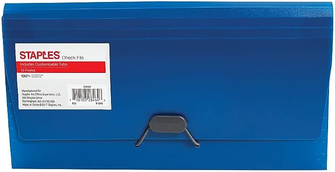 Staples 13‑Pocket Check File, Compact Accordion Organizer for Checks, Receipts & Small Documents, Durable Poly Construction – Assorted Colors