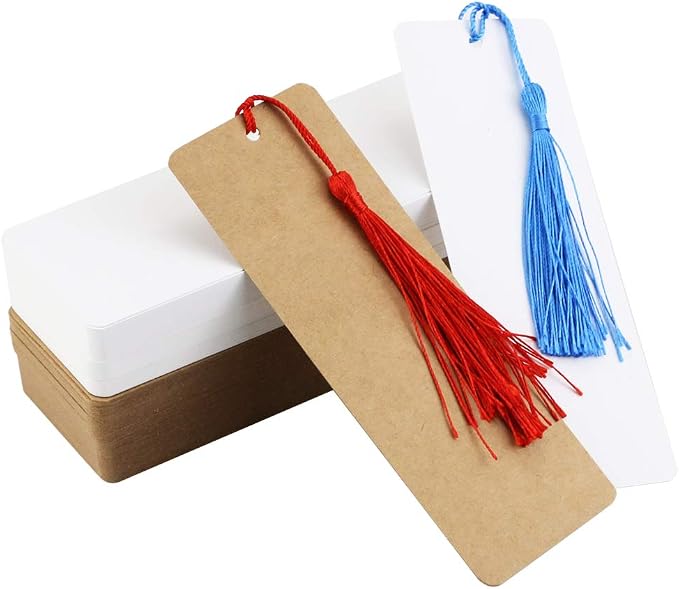 120 Pcs Kraft Paper Blank Cardstock Bookmarks, Paper Bookmarks with 100 Pieces Colorful Tassels for DIY Classroom Projects and Gifts Tags