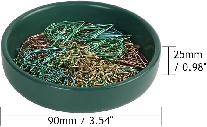 MEI YI TIAN Small Ceramic Paperclip Holder for Desk, Round Paper Clip Holder Push Pin Organizer Macaron Dark Green Paper Clip Dispenser Desktop Organizer Cute Storage Plate Desk Accessories