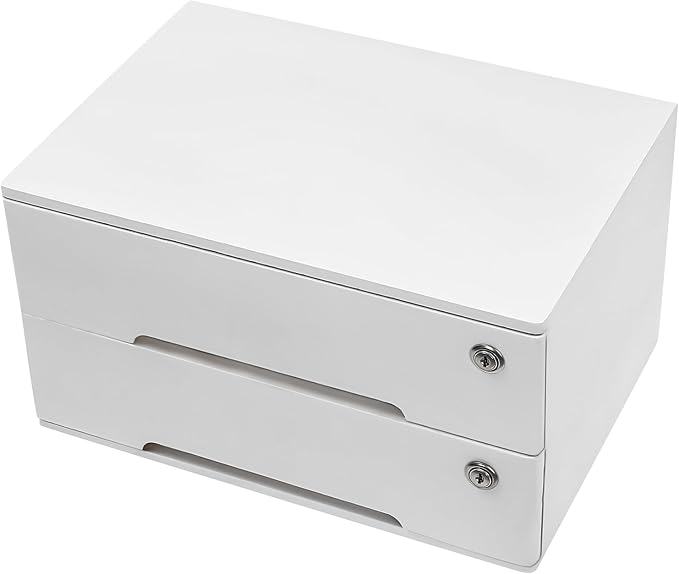 Wooden Desktop Organizer, 2 Drawers Tabletop Storage Box with Lock,Office Supplies A4 File Organizer,White