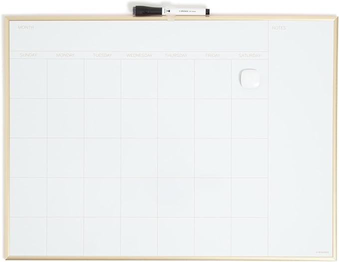 U Brands Magnetic Dry Erase Calendar White Board for Wall, 24" x 18", Dry Erase Board White Board Calendar with Gold Aluminum Frame, Includes a Magnet and a Marker