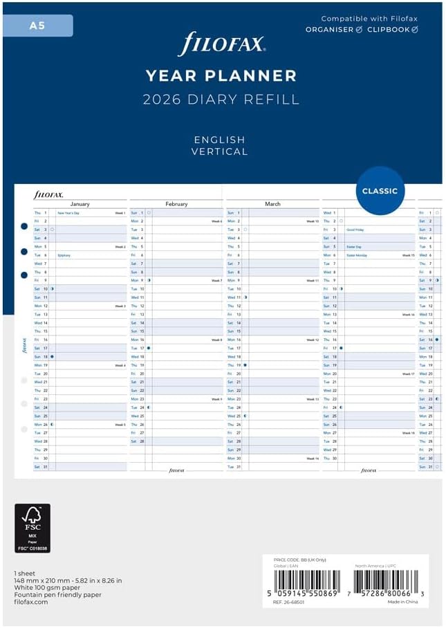 Filofax Calendar Diary Refill, A5 Size, Vertical Year Planner, White Paper, English, 2026 (C68501-26)