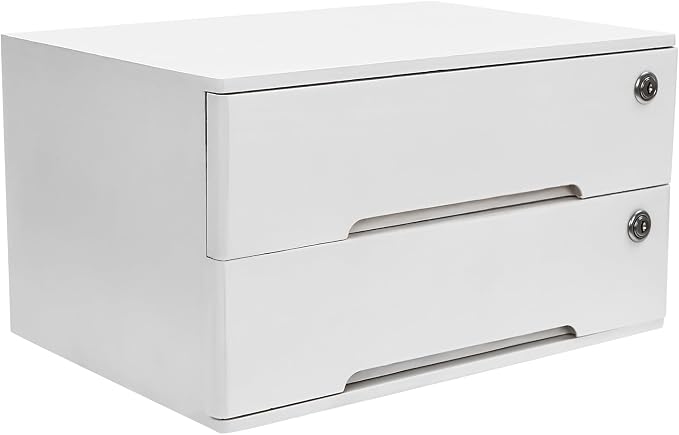 2-Tier Desk Organizer with Lockable Drawers, 2 Pairs of Keys, Wooden Desktop Storage Box, Categorized Storage Desktop File Cabinet(White)…