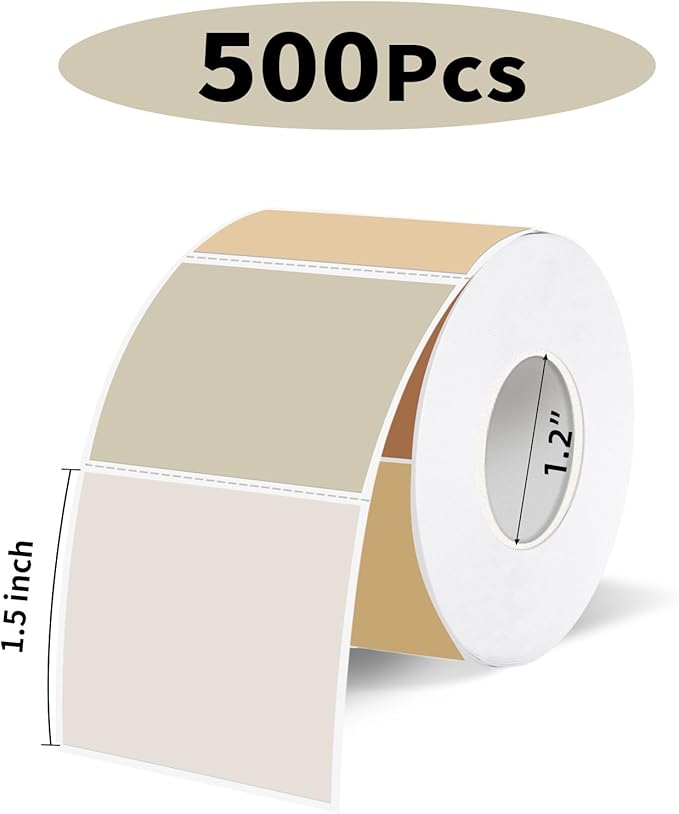 1.5 Inch Square Thermal Label Printer Stickers, Beige Gradient Self-Adhesive Direct Thermal Labels Stickers, Waterproof/Perforation Line Design- 500 Sheets