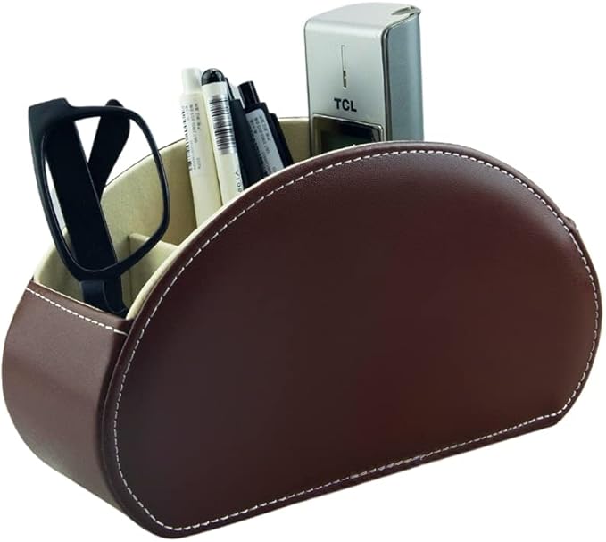Remote Control Holder Organizer Table Desk Leather Control Storage TV Remote Control Organizer with 5 Spacious Compartments (Dark Brown with Beige Lining)