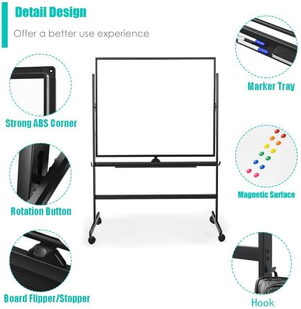 BIBOC 32x48 Inches Large Mobile Dry Erase Whiteboard with Rolling Stand - Double Sided Height Adjustable Whiteboard for Office, School - Aluminum Frame & Durable Writing Surface