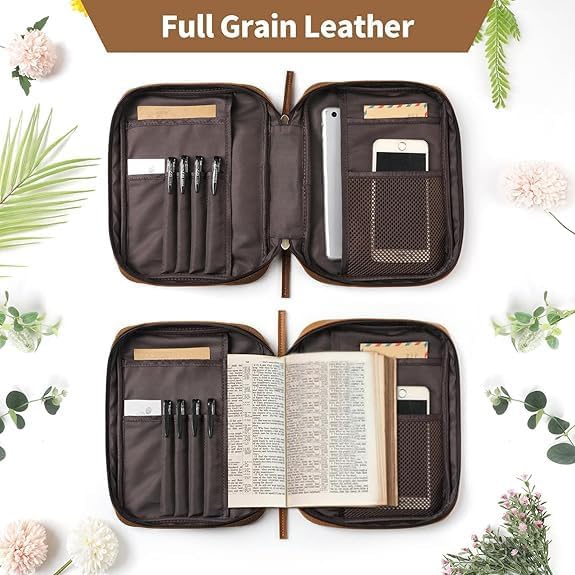 Jack&Chris Full Grain Leather Bible Covers, Church Bag Bible Protective Book Holder, Large Bible Cover for Men Women, Bible Carrying Case Folder Organizer with Handle, Christian Art Gifts, Brown
