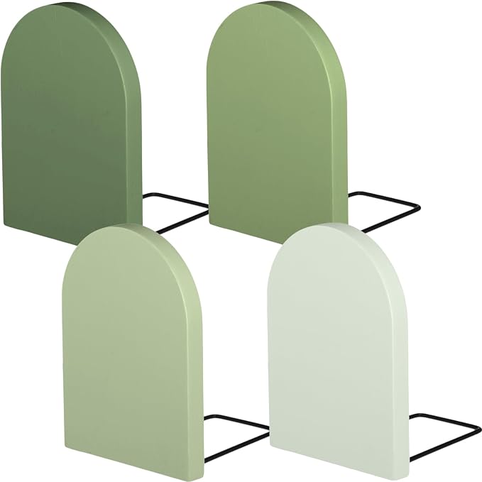 Honoson 4 Pcs Boho Wood Bookends Back to School Sage Green Wooden Book Stands Decorative Non Skid Book Stoppers for Books Cds Videos Albums Office Desktop Shelves(Green)