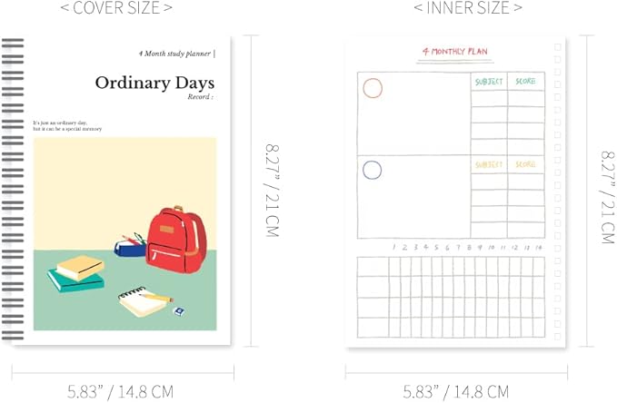 Monolike Ordinary days 4 Month Study Planner, School bag - Academic Planner, Weekly & Monthly Planner, Study plan