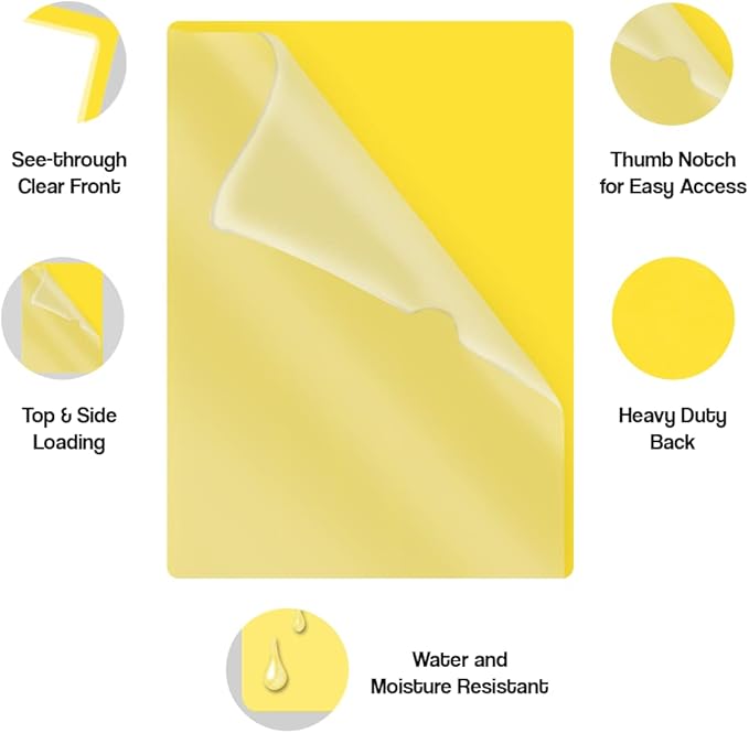 Doctor Stuff - 25 Pack L-Type Vinyl Plastic File Folders Letter Size, Yellow Pocket Project Folders Clear Front, Documents Holder for Home, High School, Office and Medical Files