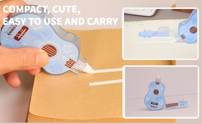 2-Pack Guitar-Shaped Correction Tape, 65ft Each- Aesthetic Cute and Unique Design, Smooth White Correction Tape, Portable and Easy-to-Use, Suitable for School, Office & Home, Pink&Blue