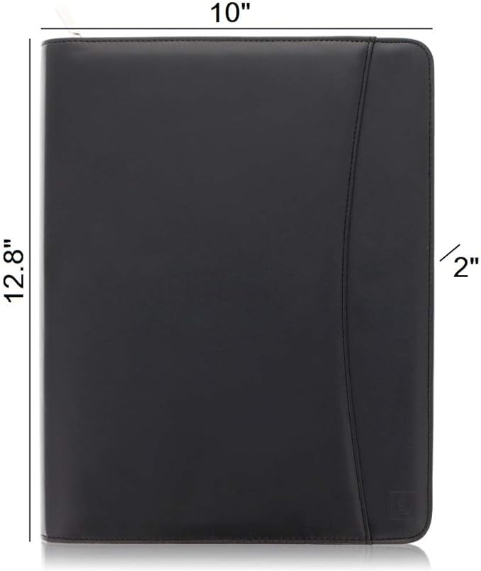 Black Zippered Leather Portfolio - High Capacity 2-Inch Spine - Fits Surface Go & iPad Pro/Air 11 Inch - Professional Resume Padfolio