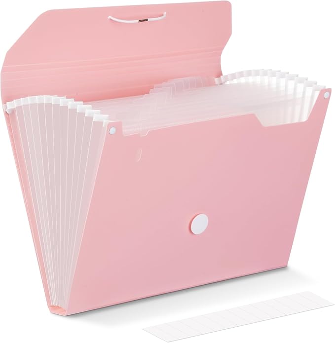 Comix Accordion File Organizer, 13 Pocket Expanding File Floder with Labels for A4/Letter Size Documents, Accordion File Folder for Office, Home, School（Pink）