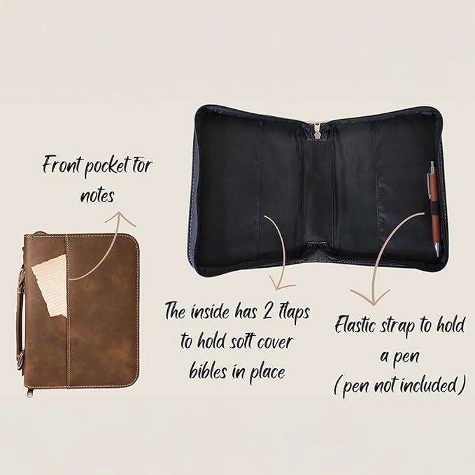 Daphne's Curations Personalized Vegan Leather Zippered Bible Cover – Custom Engraved Scripture Journal Case with Handle, Pen Holder & Pocket – Fits Large & Medium Bibles
