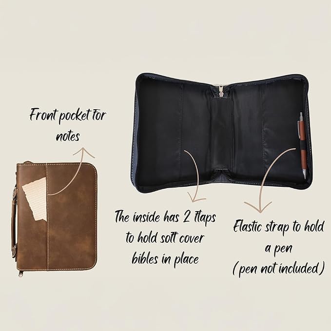 Personalized Vegan Leather Zippered Bible Cover – Custom Engraved Scripture Journal Case with Handle, Pen Holder & Pocket – Fits Large & Medium Bibles