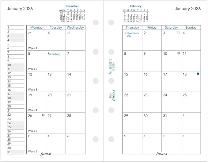 Filofax Calendar Diary Refill, Mini Size, Month-to-View, White Paper, English, 2026 (C68110-26)
