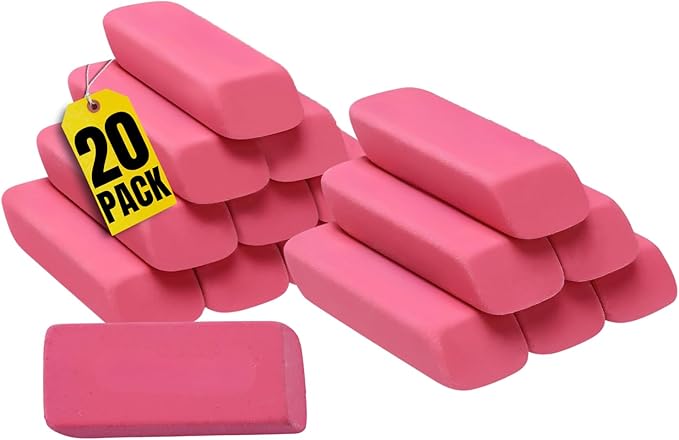 1InTheOffice Pink Bevel Eraser, Block Erasers, Slanted-Edge Rectangular Block, Large, 20 Pack