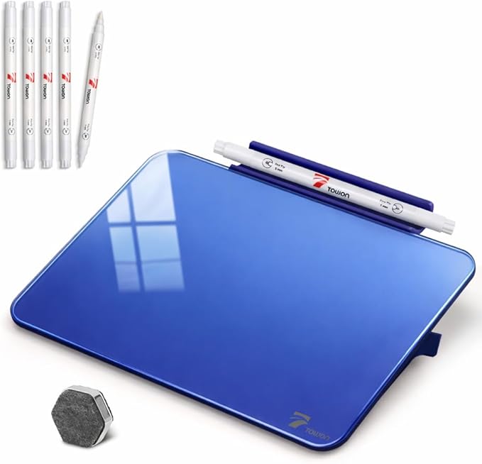 TOWON Navy Blue Glossy Mini Desktop Glass Whiteboard, 8 x 6 in Small Dry Erase Board for Desk with Pen Holder, Pure Glass Writing Surface with Accessories for Executive Office & Aesthetic Home Décor