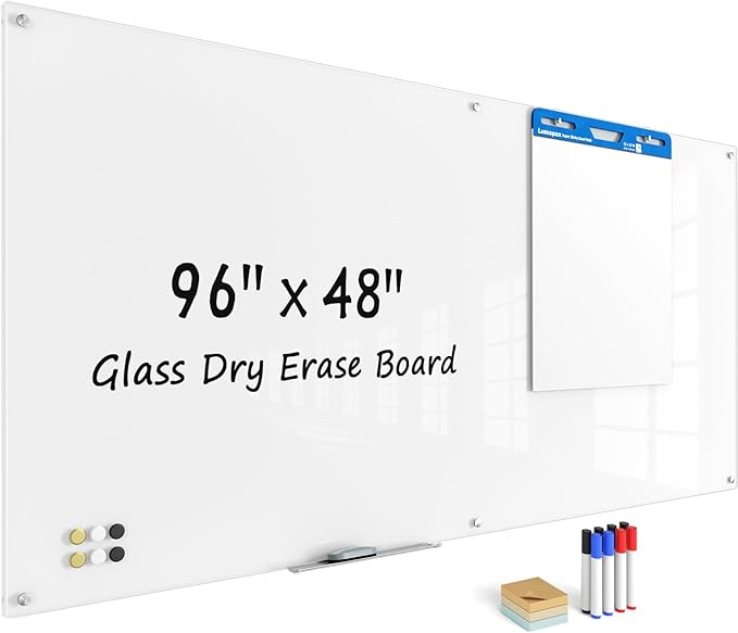 0.4mm Reinforced Metal Backing Glass White Board for Wall, 96" x 48" Extra Large Magnetic Pure White Tempered Glass Board with Frameless Design, 8' x 4' Dry Erase Board for Home, Office
