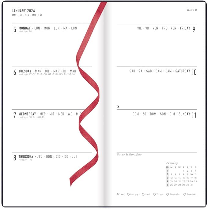 Letts of London® 2026 Woodland Weekly/Monthly Planner, 12 Months, January to December, Slim Pocket Size, 6.625" x 3.25", Sewn Binding, Embossed Cover, Multilingual, Navy (C082546-26)