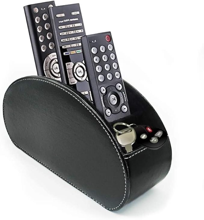 Remote Control Holder Organizer - Table Desk Leather Control Storage with 5 Spacious Compartments (Black)